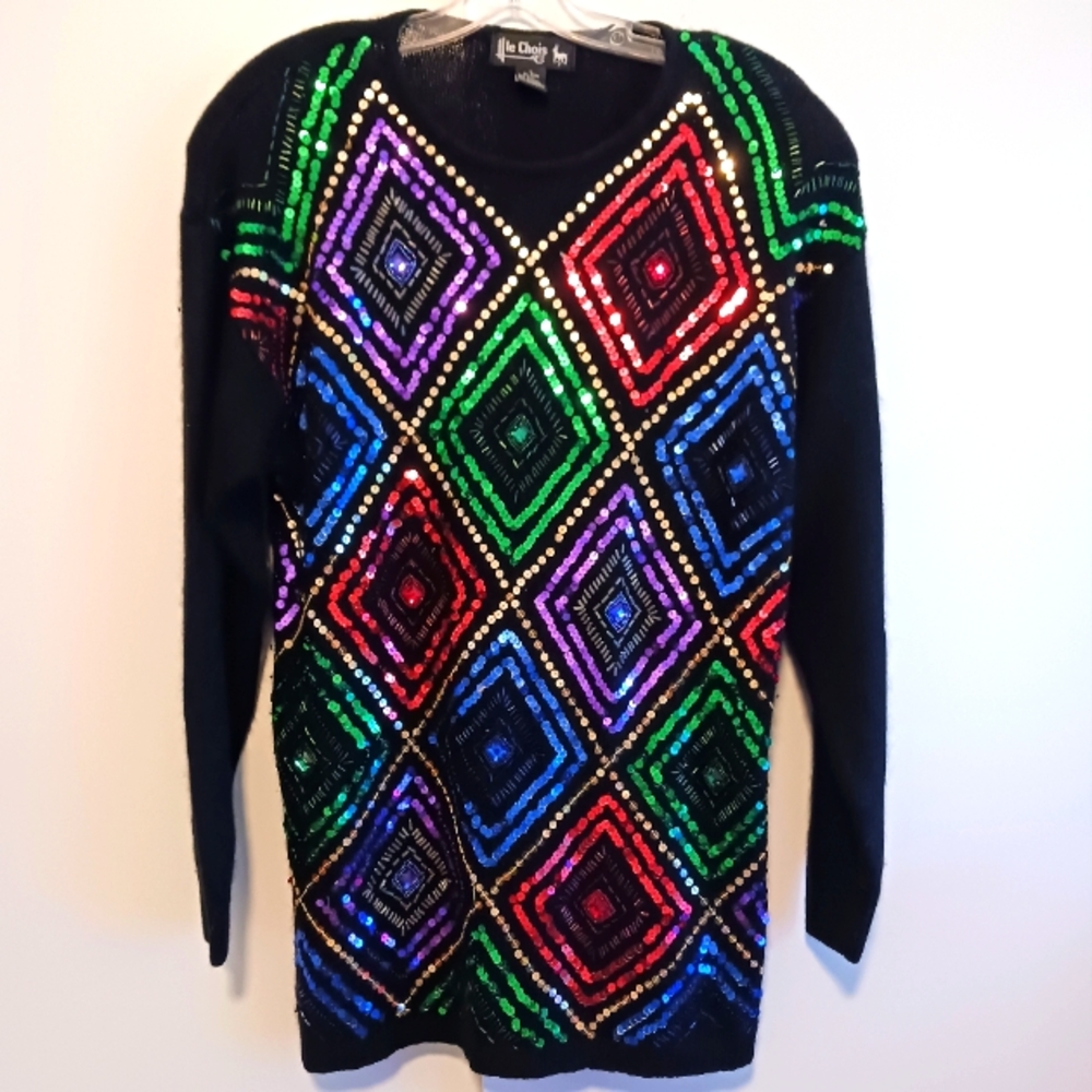 le Chois Festive Bling Sequined Black Sweater. Size L.
